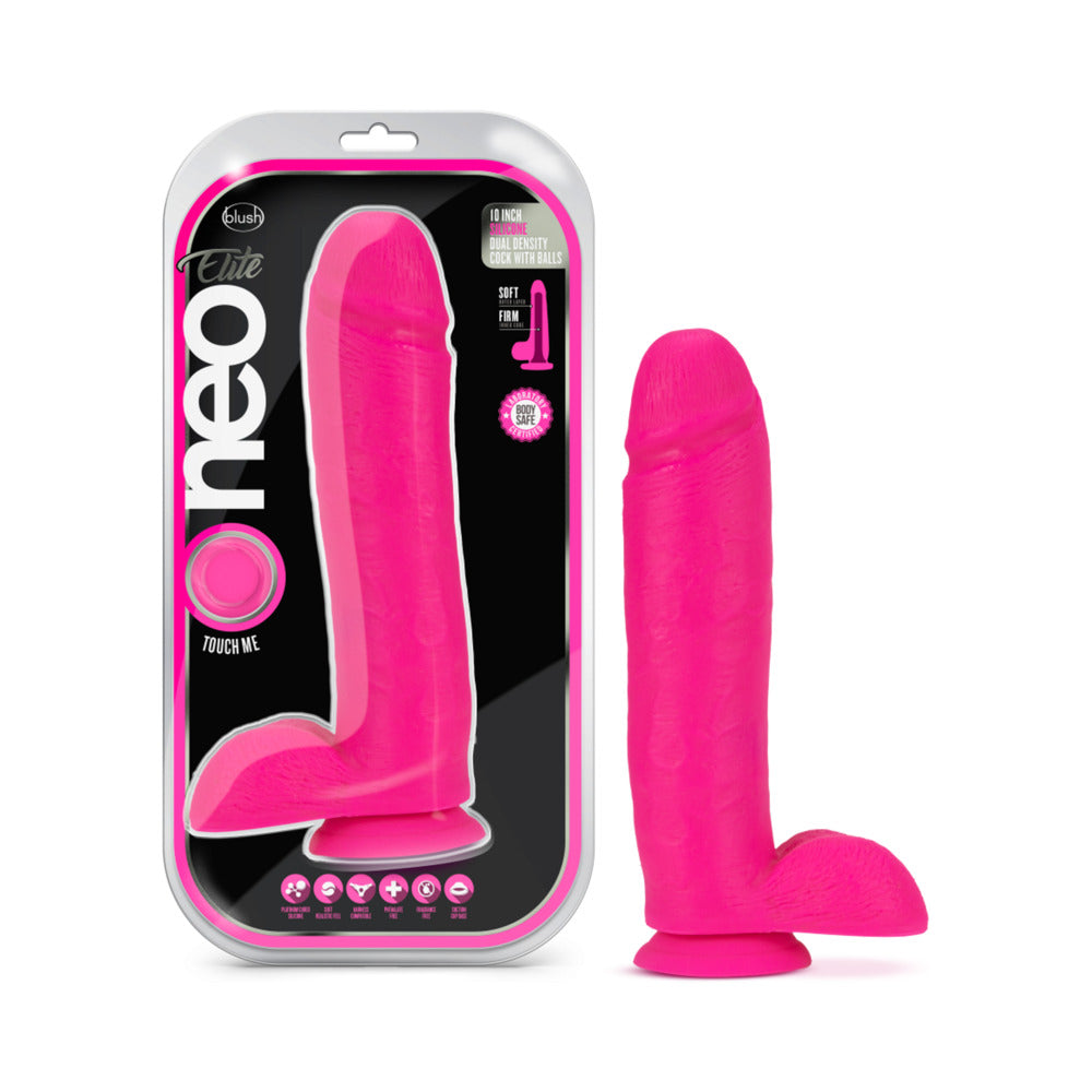 Blush Neo Elite 10 inches Silicone Dual Density Dildo with Balls & Suction Cup Neon Pink
