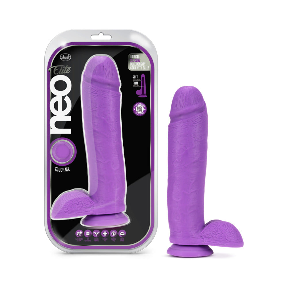 Neo Elite 10 inches Silicone Dual Density Dildo with Balls & Suction Cup Neon Purple