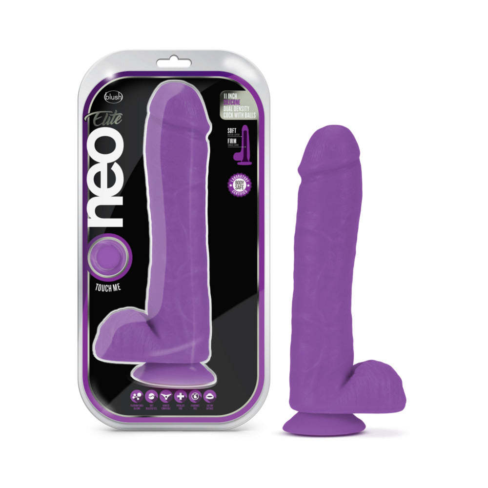 Blush Neo Elite 11 inches Silicone Dual Density Dildo with Balls & Suction Cup Neon Purple