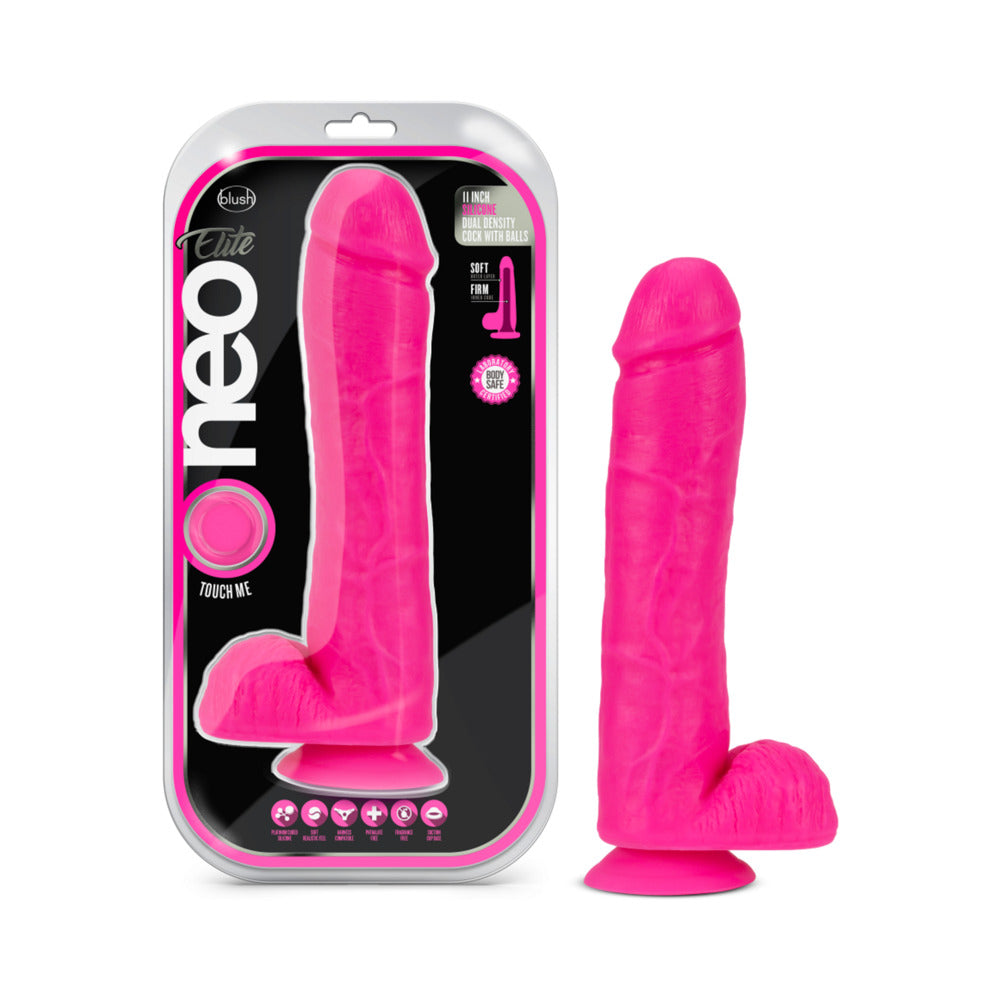 Blush Neo Elite 11 inches Silicone Dual Density Dildo with Balls & Suction Cup Neon Pink