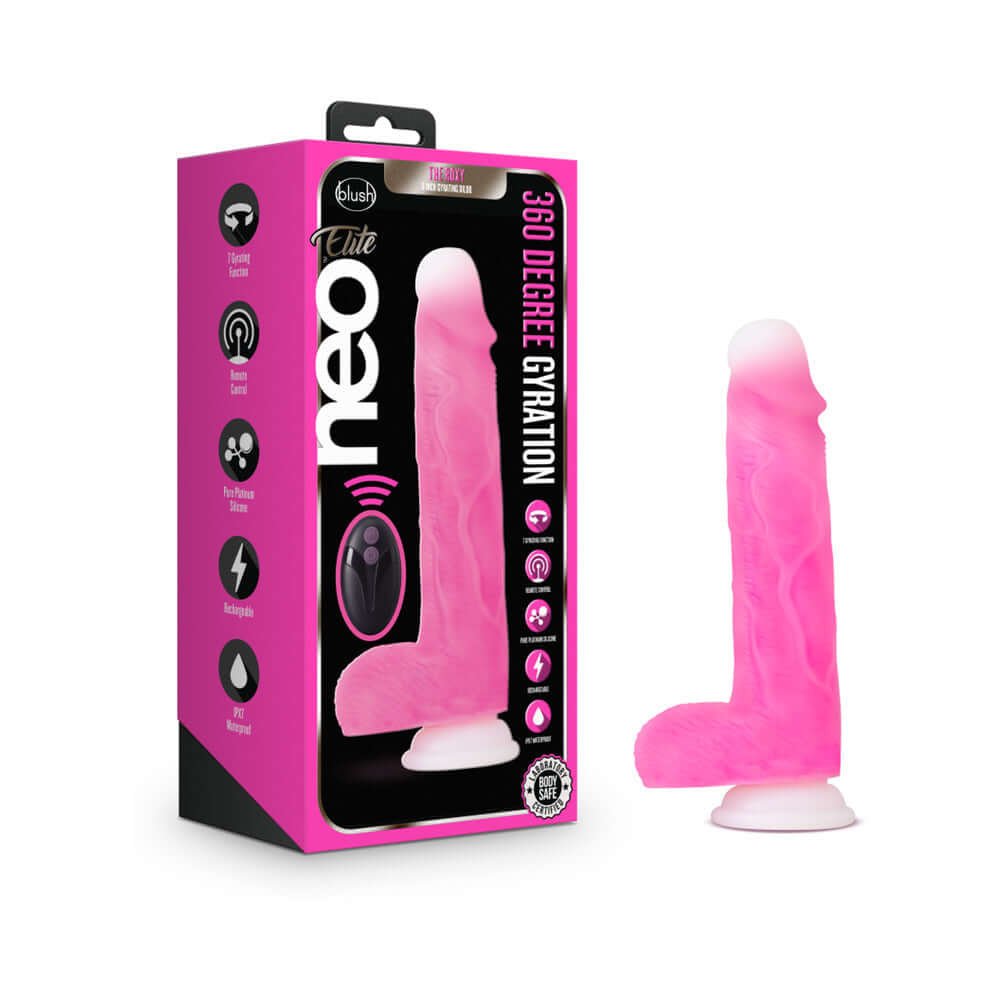 Neo Elite Roxy 8 inch Silicone Gyrating Dildo with Balls Pink in packaging showcasing features and design.