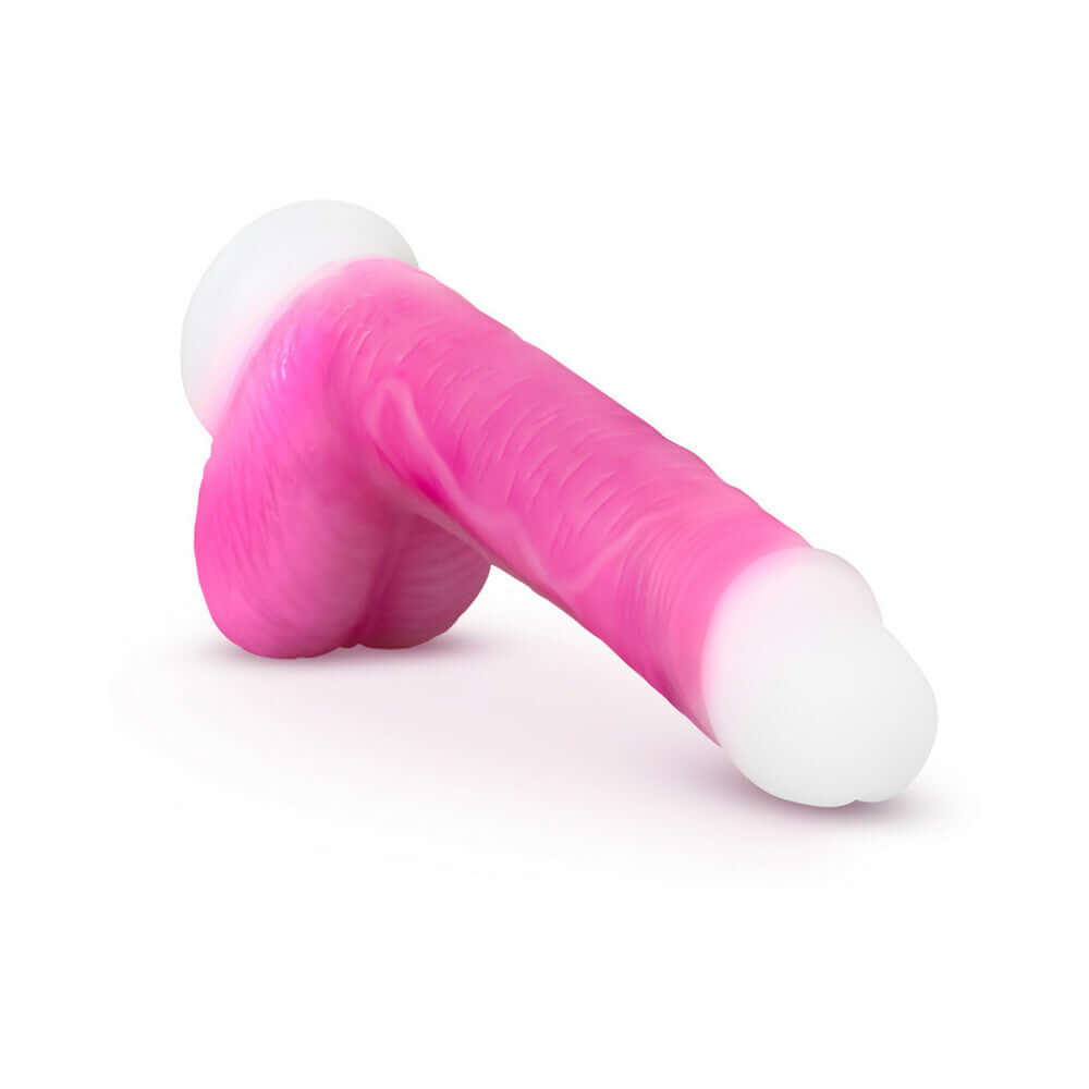Neo Elite Roxy 8 inch Silicone Gyrating Dildo with Balls Pink displayed on a clean background.