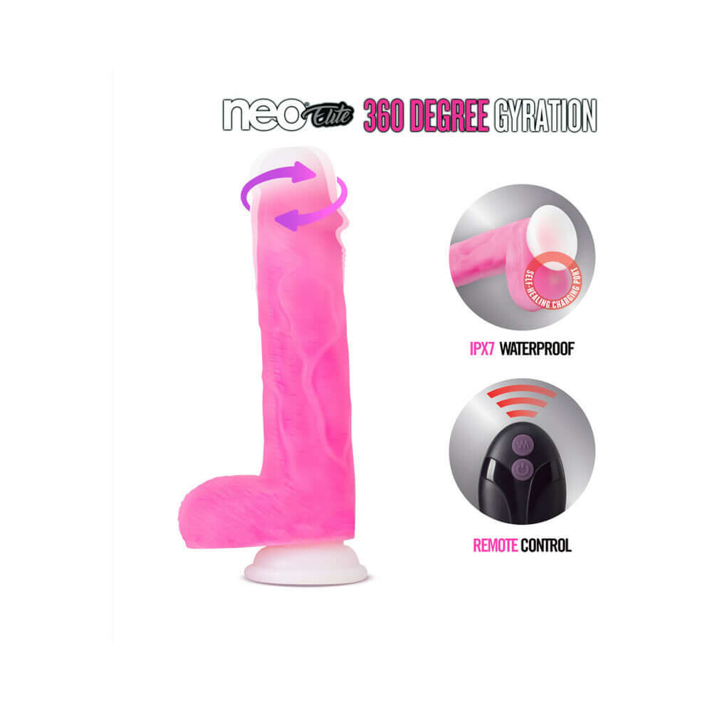 Neo Elite Roxy 8 inch Silicone Gyrating Dildo with Balls Pink showcasing 360-degree gyration and waterproof features.