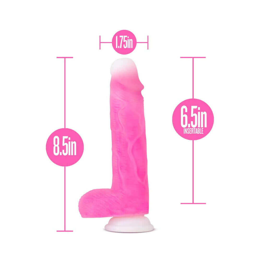 Neo Elite Roxy 8 inch Silicone Gyrating Dildo with Balls Pink dimensions: 8.5in height, 1.75in width, 6.5in insertable.