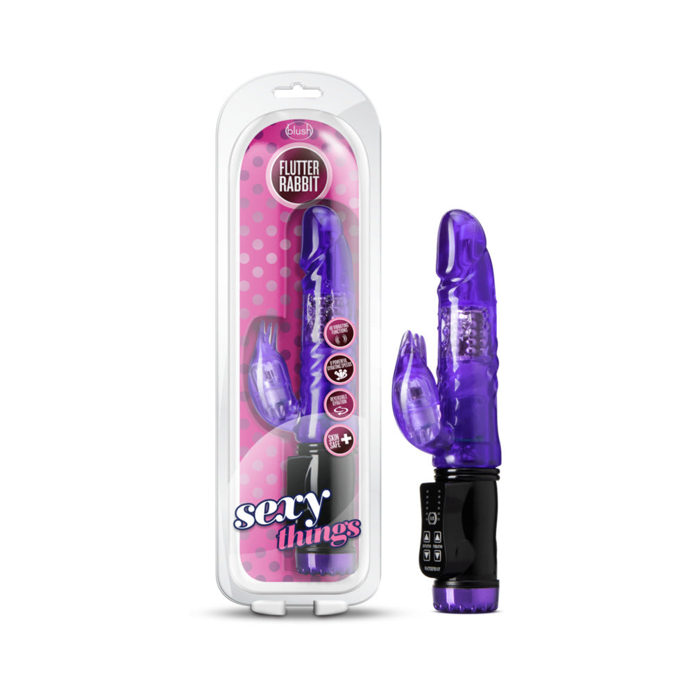 Sexy Things Flutter Rabbit Dual Stimulation Vibrator Purple packaging showcasing its features and design in a clear case.