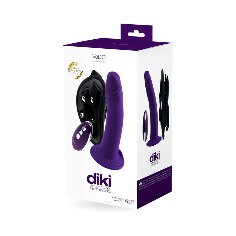 VeDO Diki Rechargeable Vibrating Dildo With Harness Deep Purple