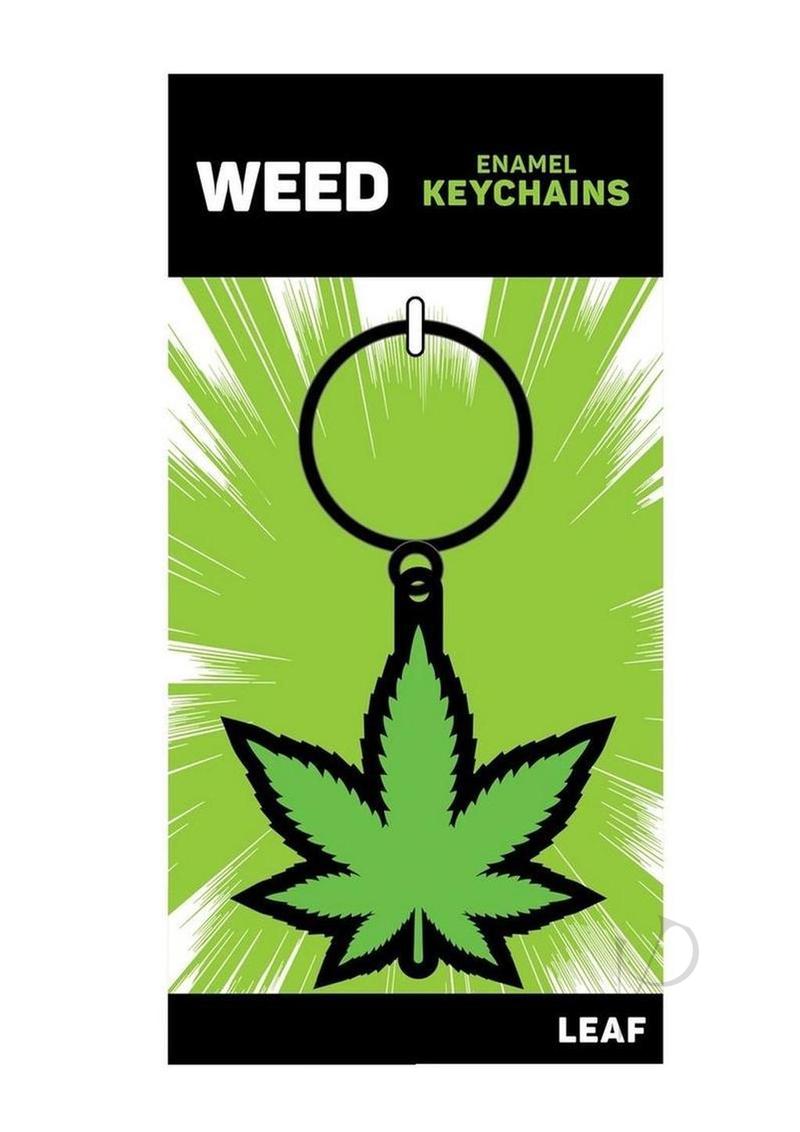 Leaf Green Weed Keychain Green Black on a vibrant green packaging with bold text and a graphic of a pot leaf.