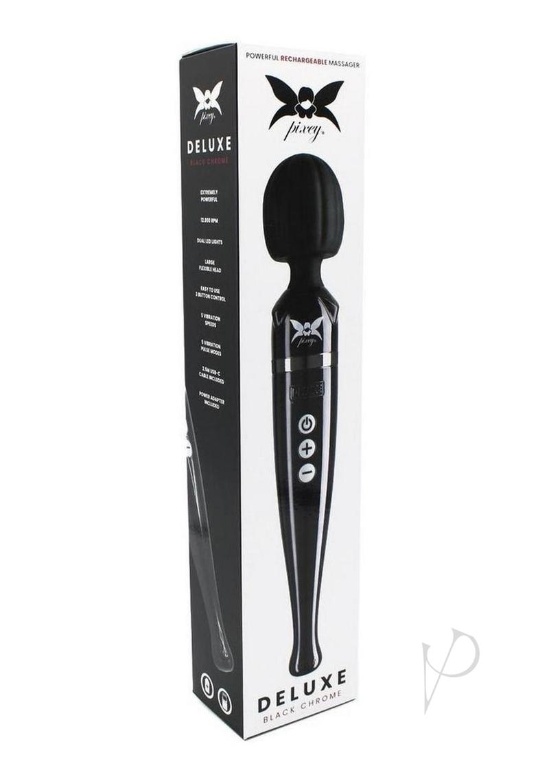 Pixey Deluxe Rechargeable Wand Massager Black Chrome in sleek packaging showcasing its powerful features.