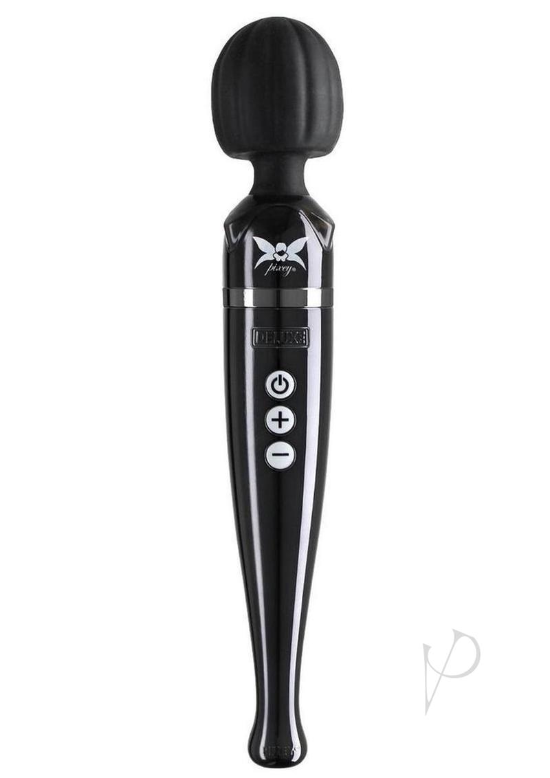 Pixey Deluxe Rechargeable Wand Massager Black Chrome for deep relaxation and intense stimulation, featuring cordless design.