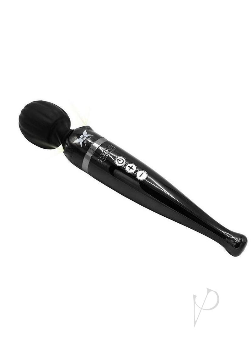 Pixey Deluxe Rechargeable Wand Massager Black Chrome with ergonomic design and control buttons for customizable pleasure.