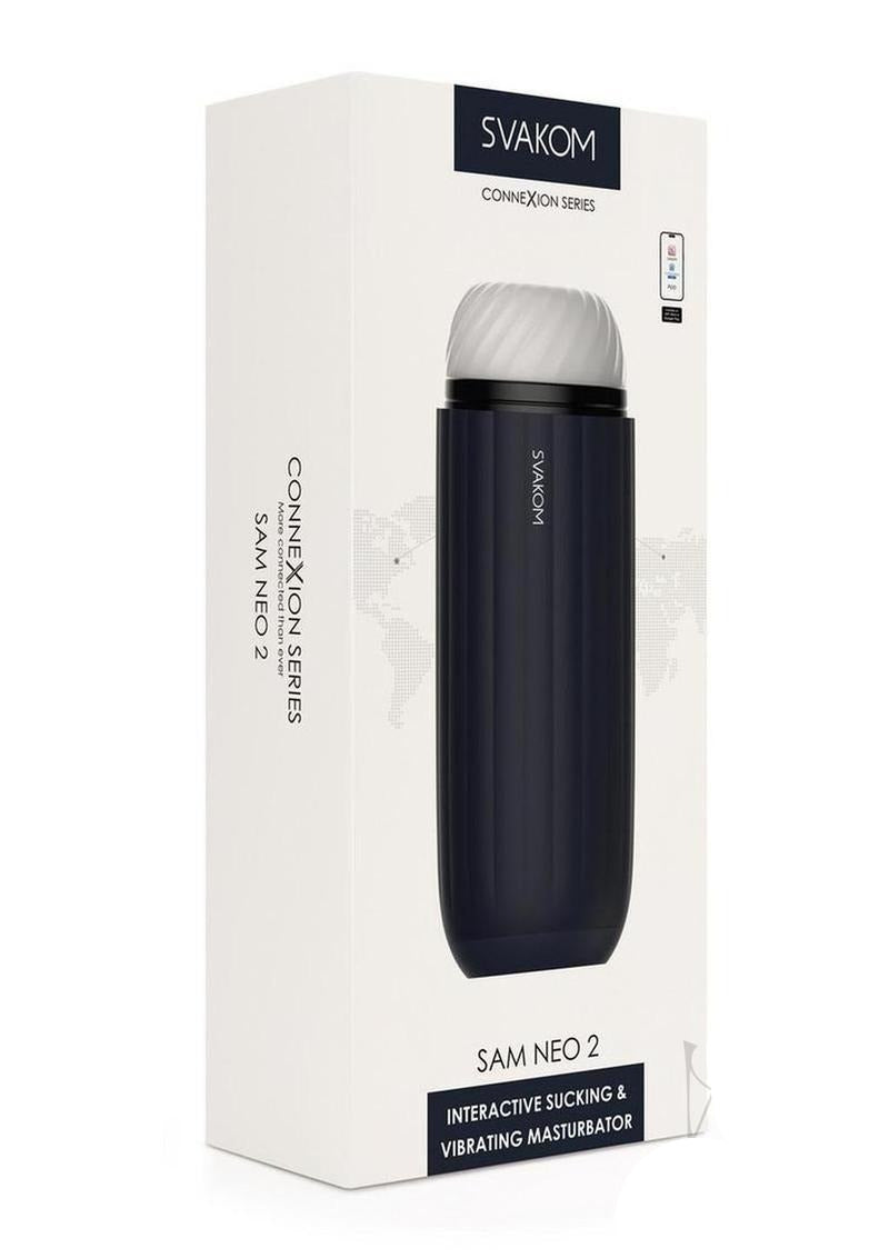 Svakom Sam Neo 2 App Control Masturbator Blue packaging showcasing interactive sucking and vibrating features.