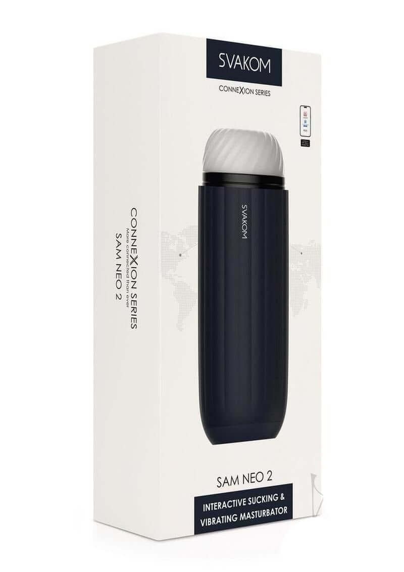 Svakom Sam Neo 2 App Control Masturbator Blue packaging showcasing interactive sucking and vibrating features.
