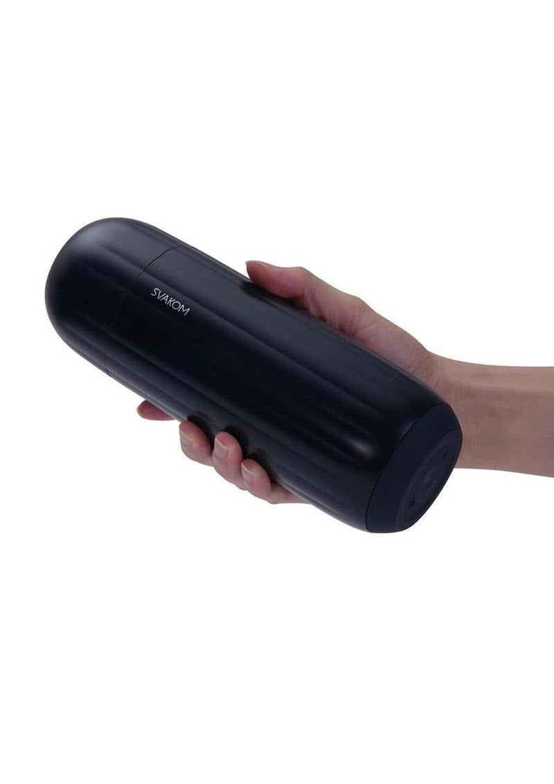 Svakom Sam Neo 2 App Control Masturbator Blue held in hand, showcasing its sleek design and user-friendly grip.