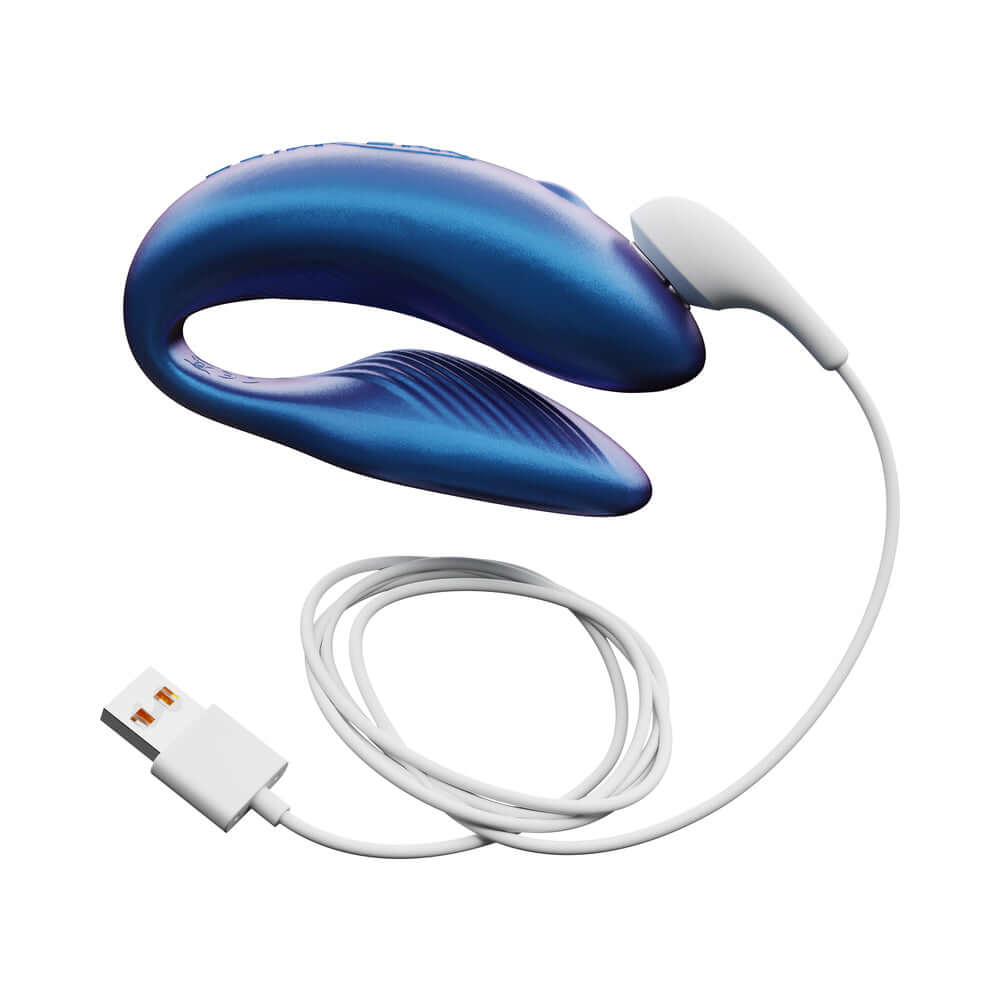 We-Vibe Chorus Couples Massager Cosmic Blue with USB charging cable, designed for mutual pleasure.