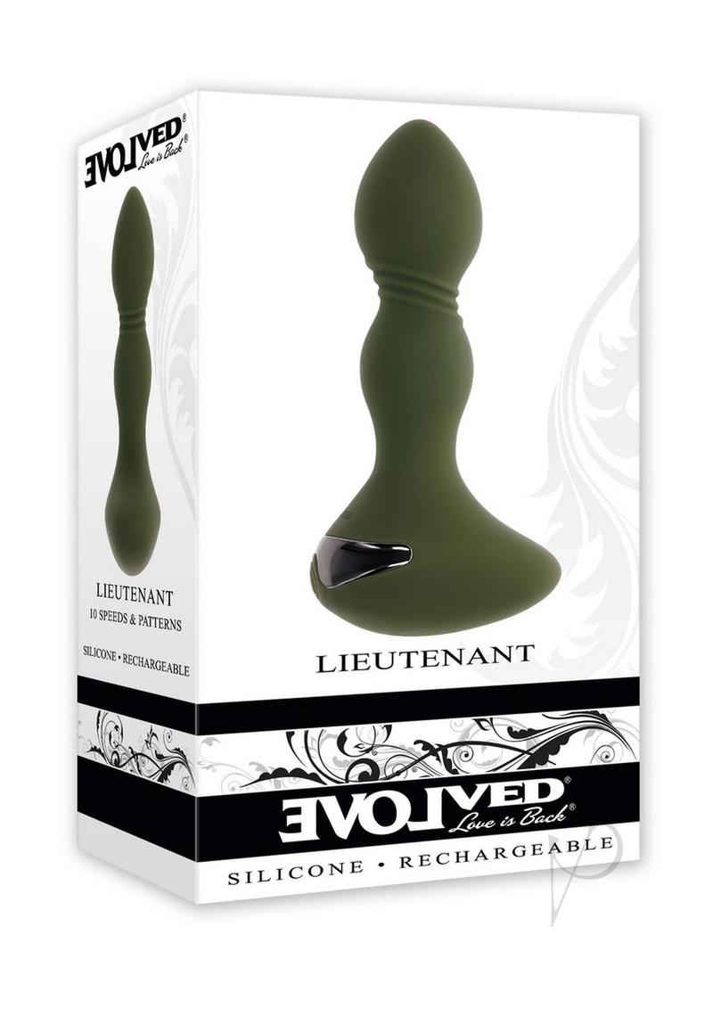Lieutenant Rechargeable Silicone Anal Plug Green packaging showcasing egg-shaped design and multi-speed features.