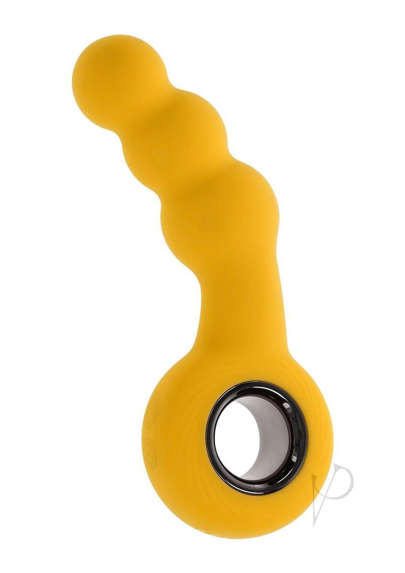 Gender X Bumble Rechargeable Silicone Anal Beads Yellow showcasing textured design and ergonomic handle.