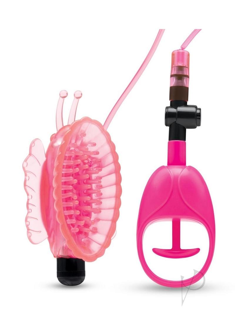 Lux Fetish Vibrating Butterfly Pussy Pump Pink Black with butterfly-shaped cup and suction pump.
