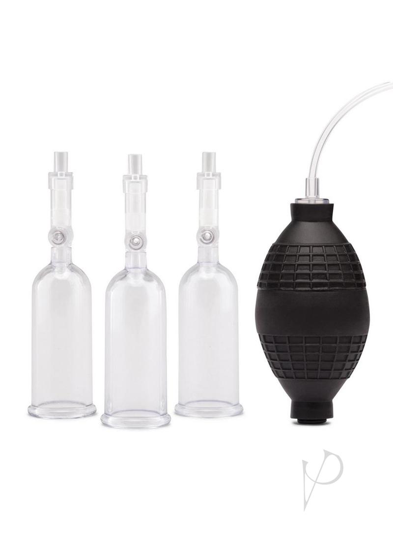 Lux Fetish Nipple Suckers with Clitoral Pump set featuring clear cylinders and a black hand pump.