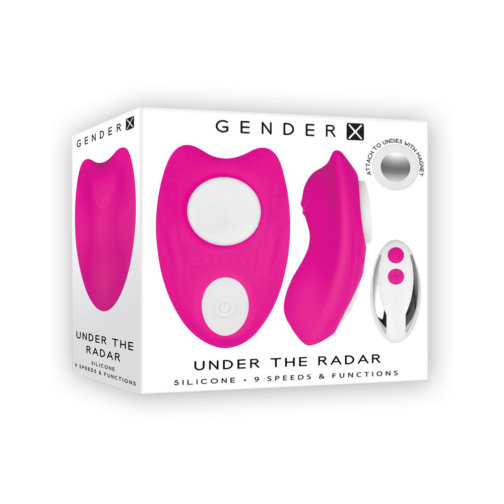 Gender X Under The Radar Remote Controlled Underwear Vibrator packaging with silicone design and remote control.