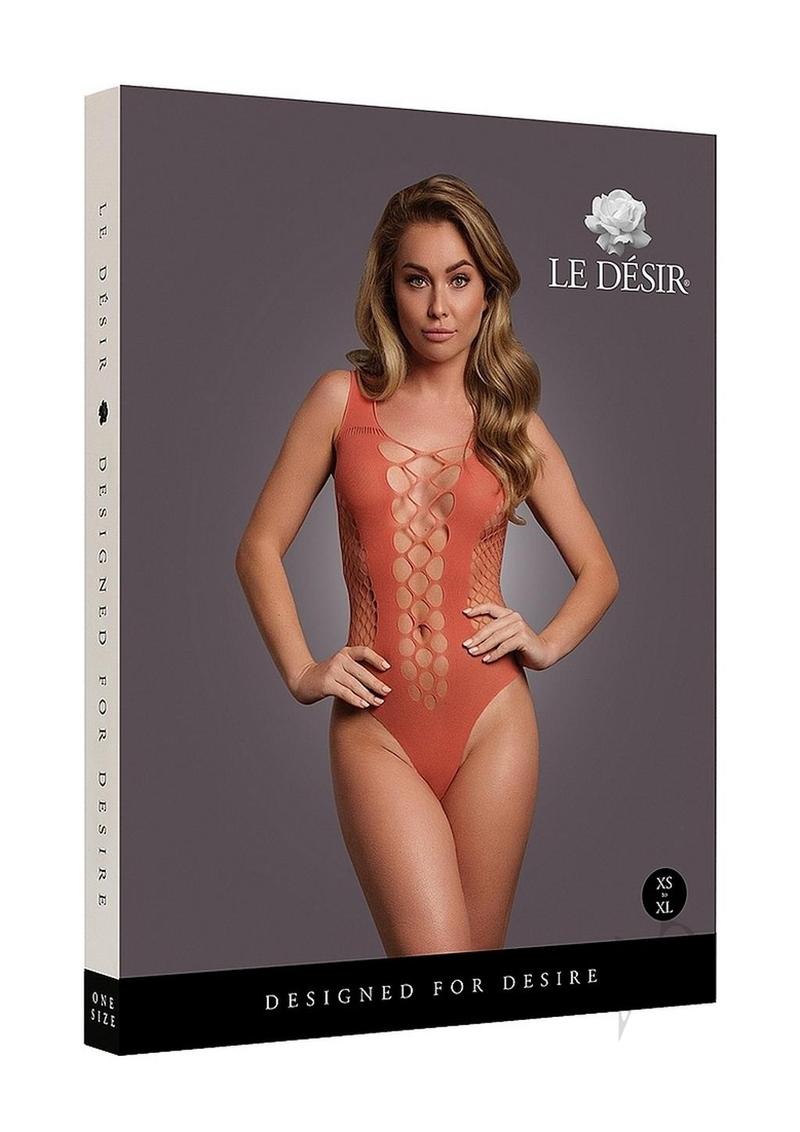 Le Desir V-Neck Teddy Opaque Panels OS Sunset Glow Orange displayed on a model showcasing its striking design and color.