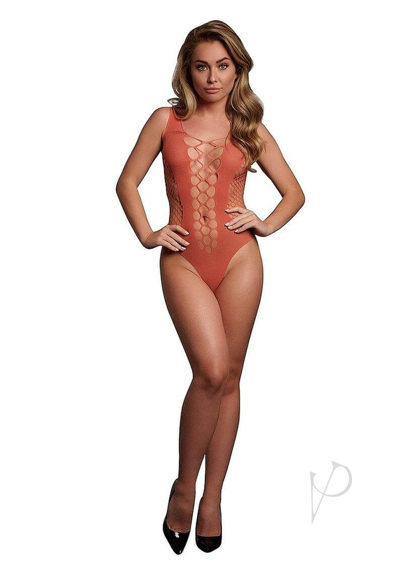 Le Desir V-Neck Teddy Opaque Panels OS Sunset Glow Orange worn by a model showcasing its captivating design.