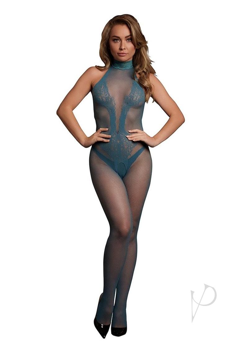 Le Desir Fishnet and Lace Bodystocking OS Blue on a model highlighting intricate lace and fishnet design.