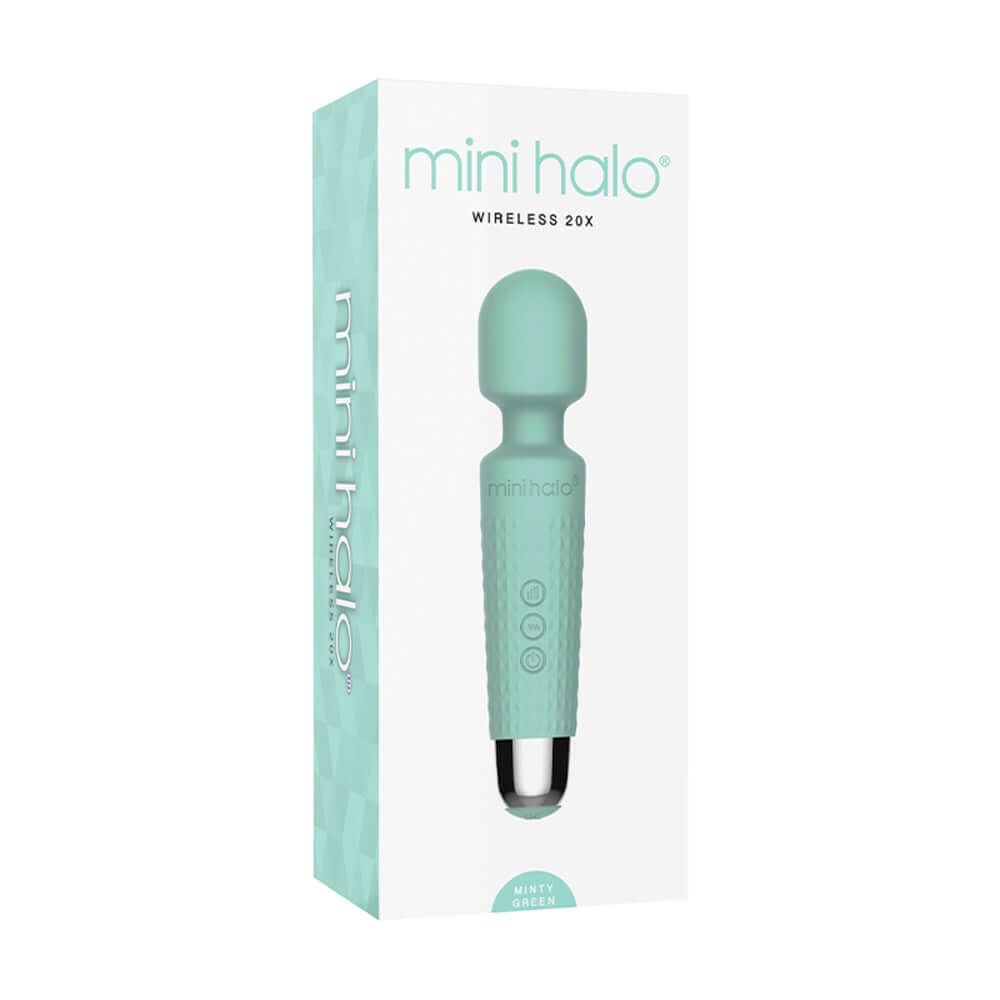 Mini Halo Wireless Wand 20X Silicone Minty Green packaging and product view.