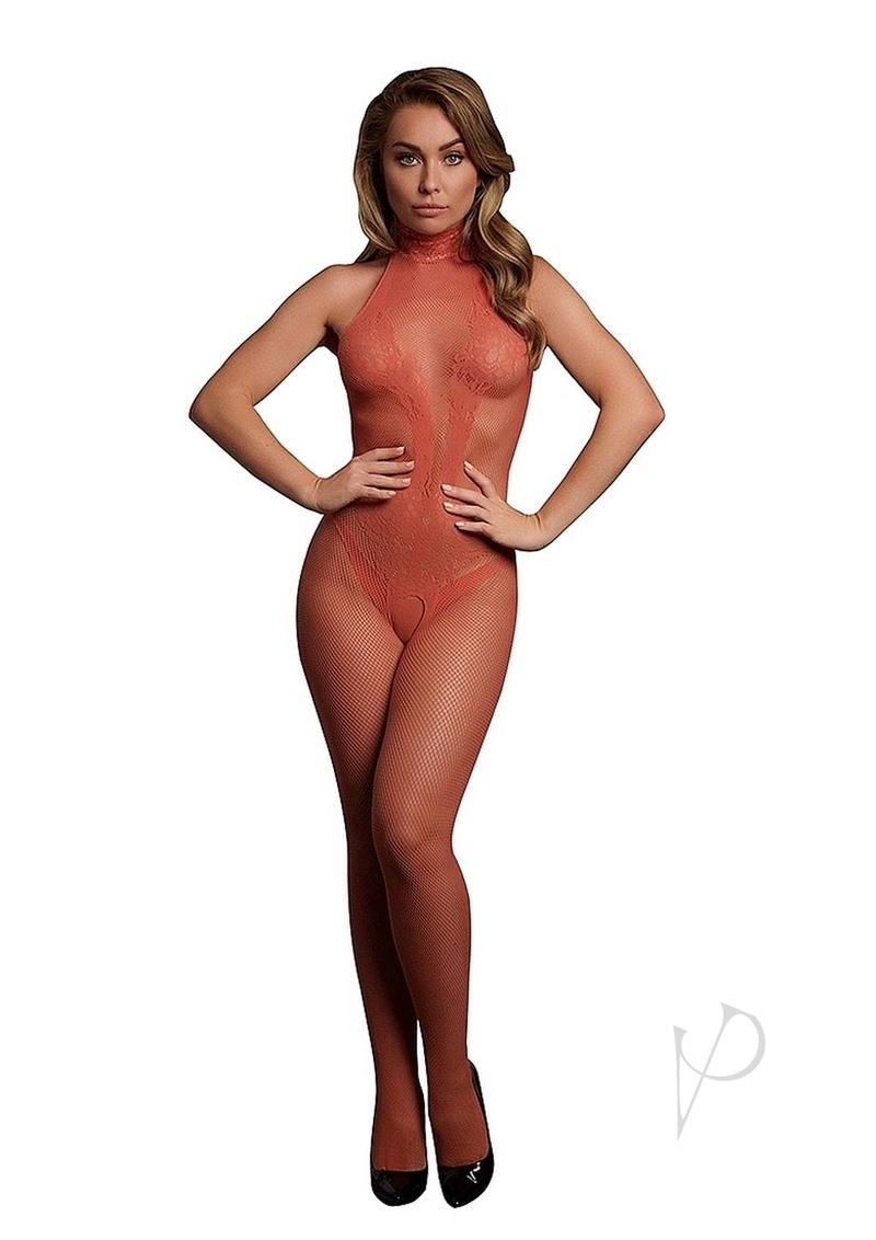 Le Desir Fishnet and Lace Bodystocking OS Sunset Glow Orange worn by a model, showcasing its flattering fit and vibrant color.