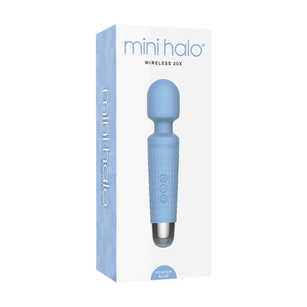Mini Halo Wireless Wand 20X Silicone Powder Blue packaging featuring a sleek design and bold colors.