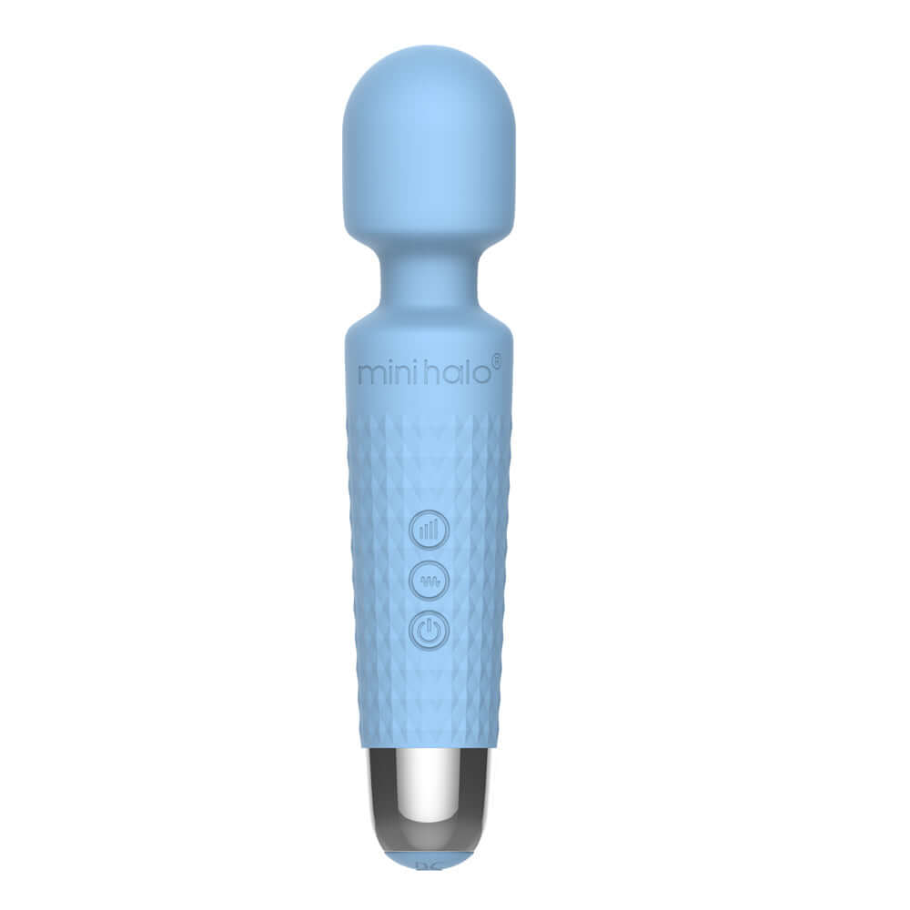 Mini Halo Wireless Wand 20X Silicone Powder Blue - travel-friendly and powerful wand-style massager.