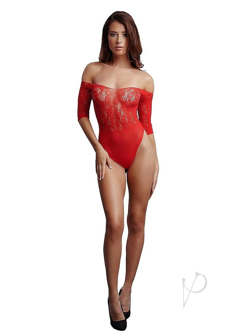 Le Desir Crotchless Rhinestone Teddy One Size Red showcases a model wearing a seductive red teddy with lace and rhinestones.