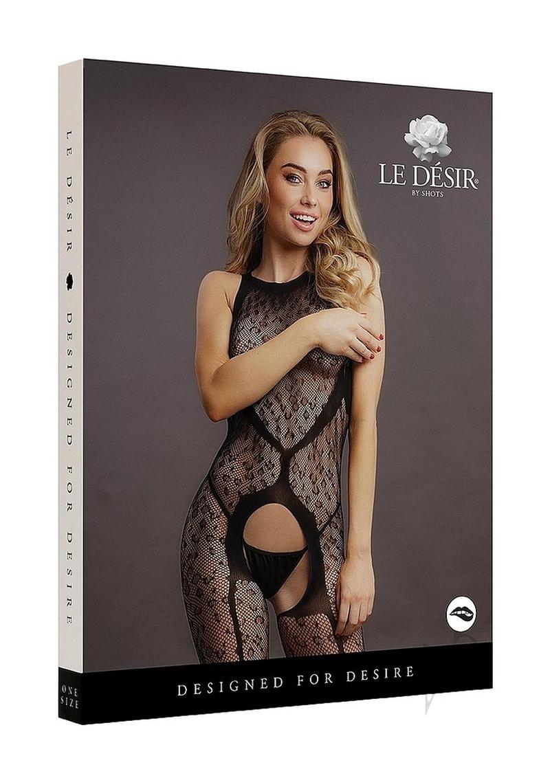 Le Desir Crotchless Leopard Bodystocking One Size Black model showing bold animal-print lingerie