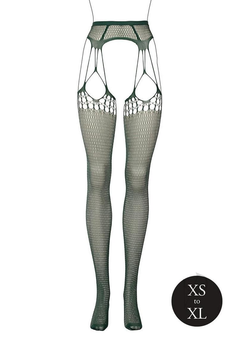 Le Desir Shredded Suspender Pantyhose OS Green featuring an edgy shredded fishnet design with attached garter straps.