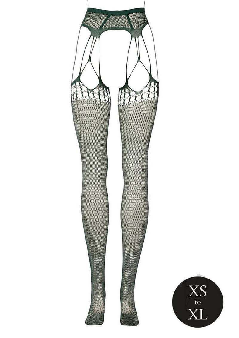 Le Desir Shredded Suspender Pantyhose OS Green featuring a shredded fishnet design with garter straps, perfect for intimate wear.