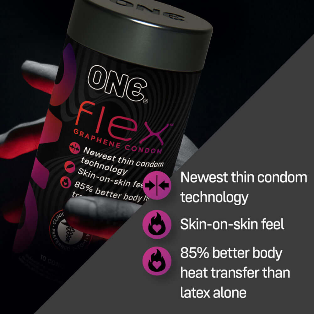 One Flex Graphene Condoms 3 Pack packaging showcasing its advanced features and heat transfer benefits.