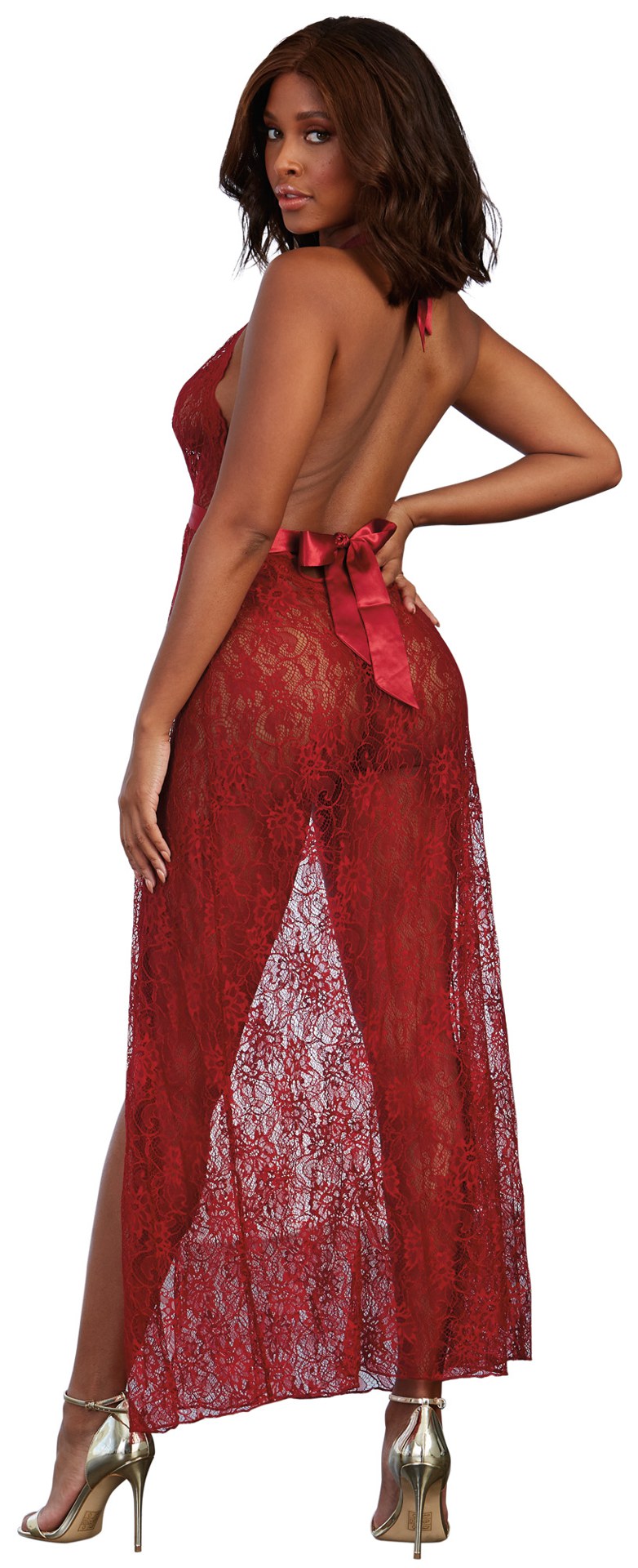 Dreamgirl Lace Gown & G-String Medium Garnet worn by a model showcasing its elegant lace design from the back.