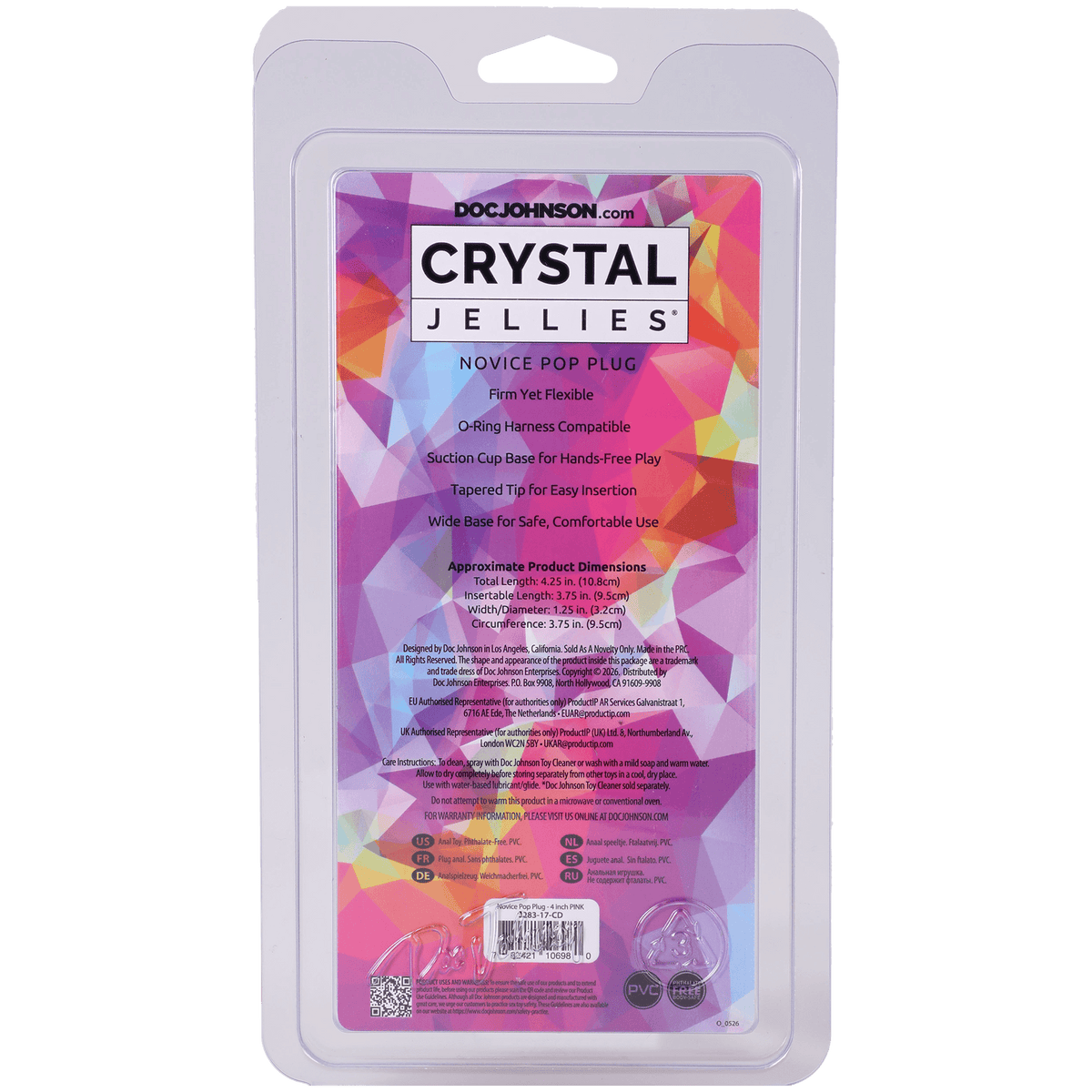 Crystal Jellies Novice Pop Plug 4 Inch Pink packaging with product details and features listed.