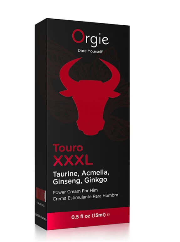Orgie Touro Xxxl Power Cream for Him 15 ml packaging with bull logo and product details.