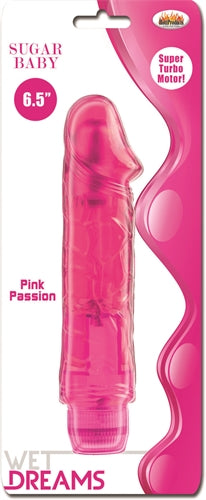 Wet Dreams Sugar Baby Pink Passion Realistic Vibrator in packaging, showcasing its lifelike design and vibrant pink color.
