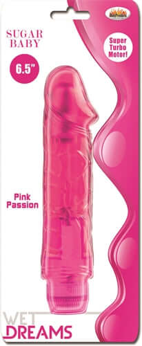 Wet Dreams Sugar Baby Pink Passion Realistic Vibrator in packaging, showcasing its lifelike design and vibrant pink color.