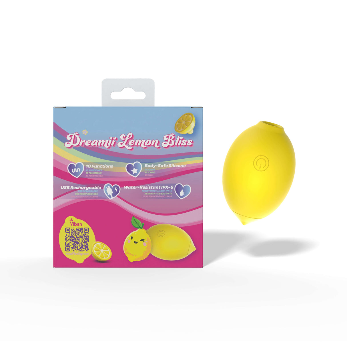 Dreamii Lemon Bliss Suction Stimulator in vibrant yellow packaging showcasing features and design of the playful device.