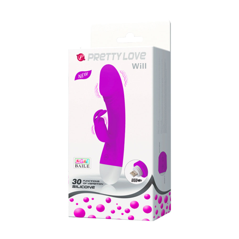 Pretty Love Will 30 Function Rabbit Style Vibrator in purple packaging with features highlighted.