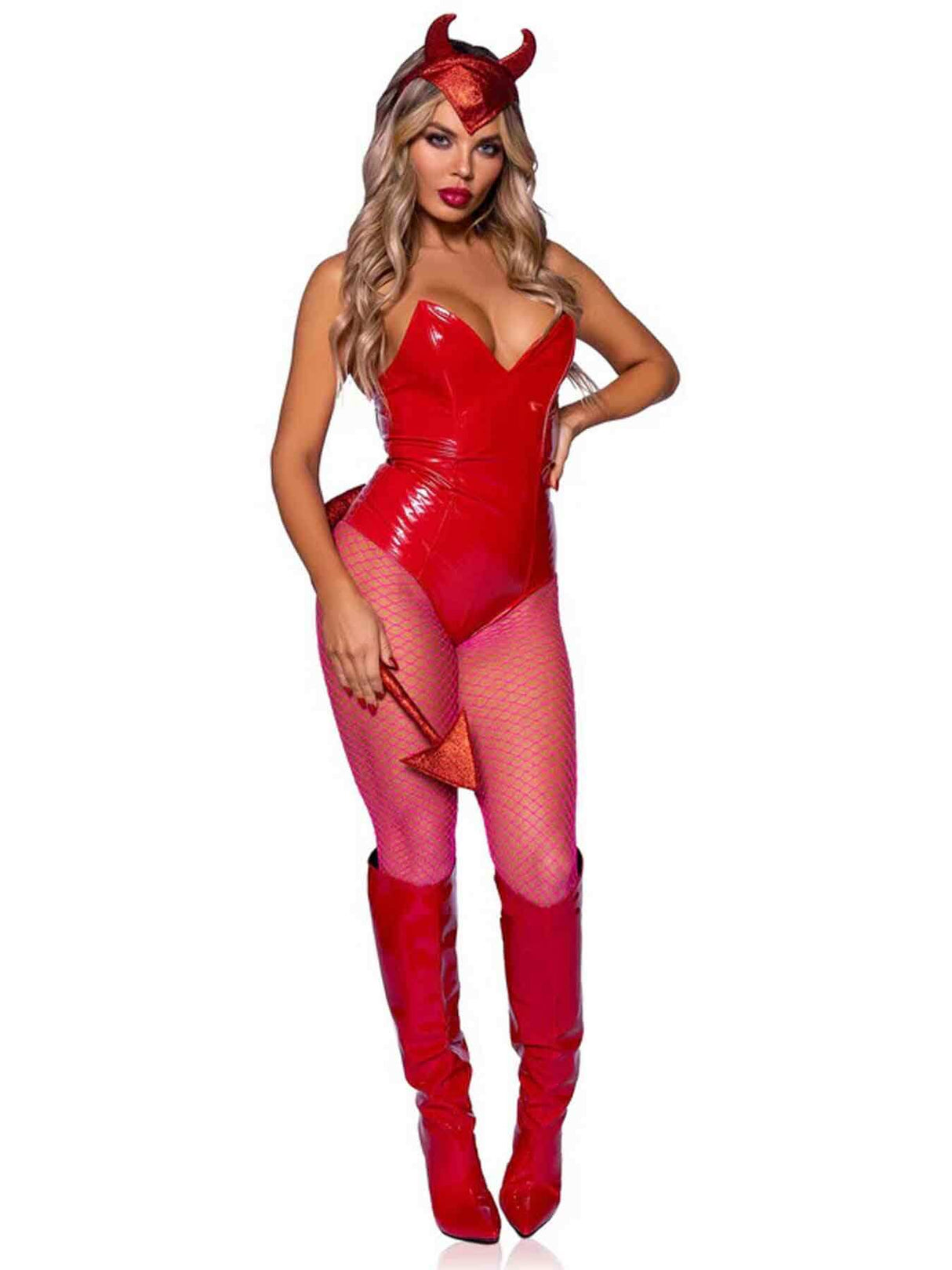 Leg Avenue Devil Horns Headband and Tail Set Red worn by a model in a bold red devil costume.