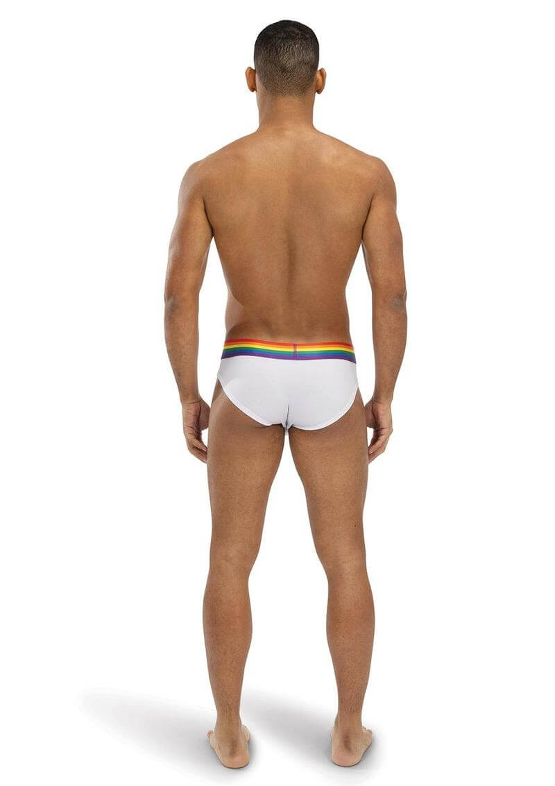 Man wearing Envy Rainbow Radiant White & Rainbow Large XL briefs, showcasing the vibrant rainbow waistband.