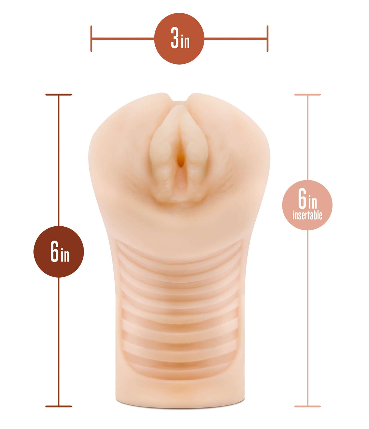 M Elite Soft and Wet Annabella Pussy Stroker Beige showing dimensions of 6 inches insertable length and 3 inches width.
