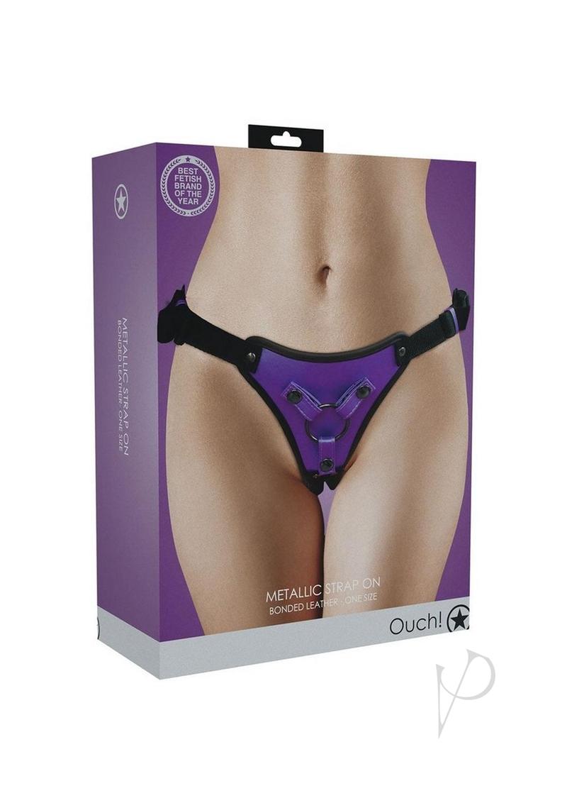Ouch Strap-On Harness Metallic Purple packaging featuring adjustable harness design and metallic finish.