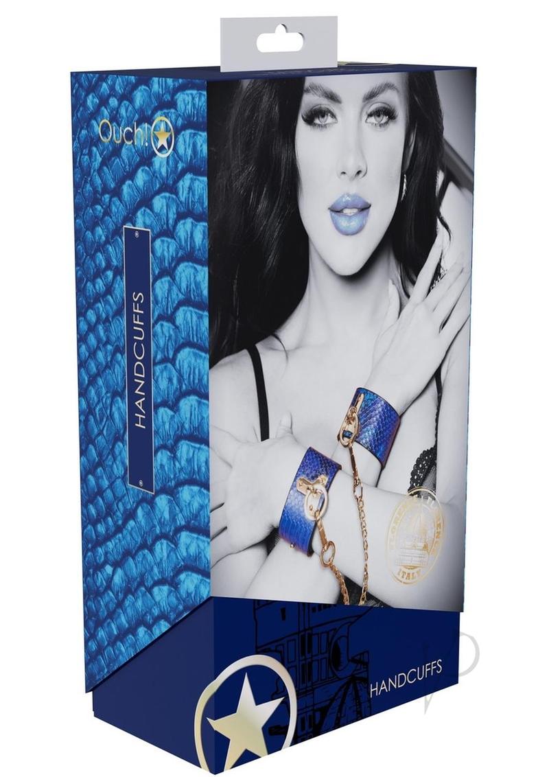 Ouch Florence Collection Handcuffs Blue packaging featuring stylish blue handcuffs and model.