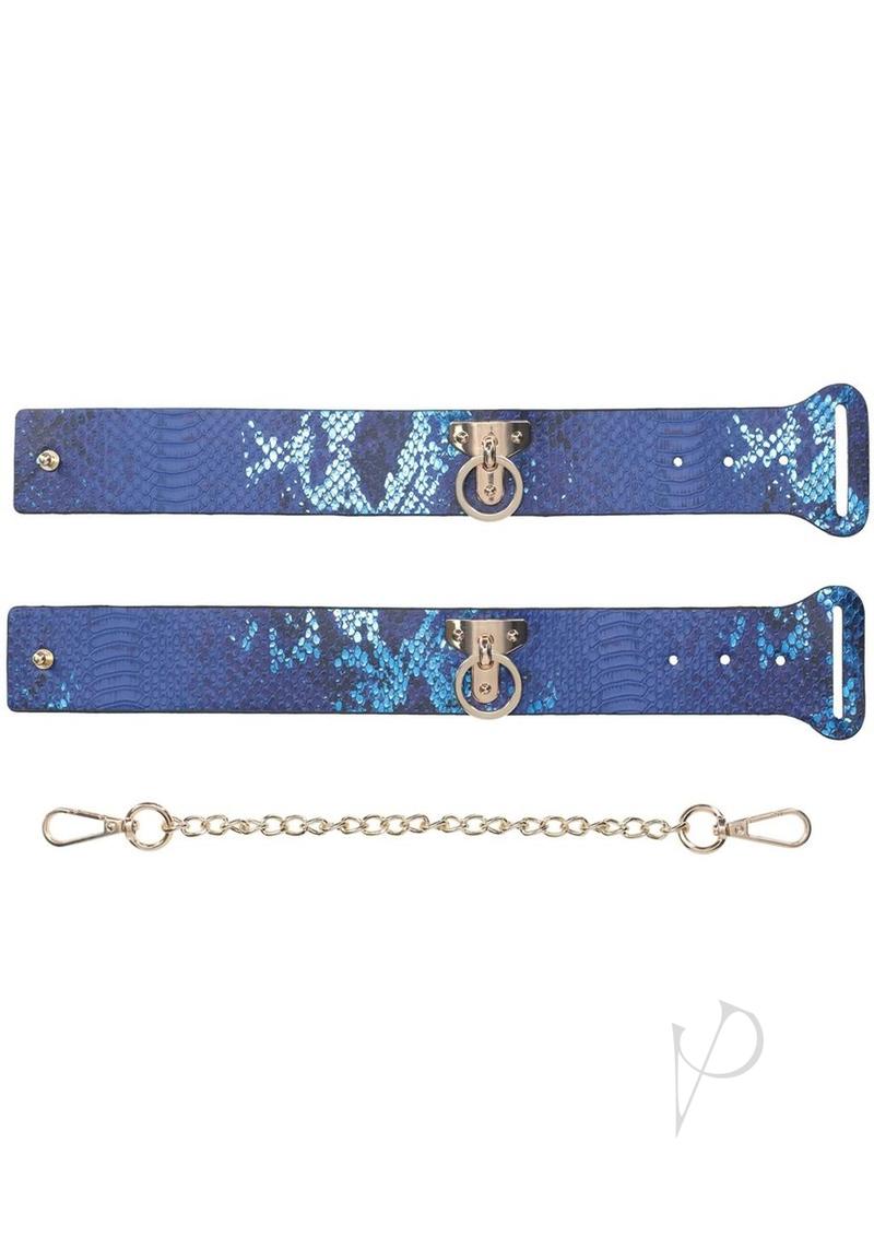 Ouch Florence Collection Handcuffs Blue featuring blue bonded leather with silver chain and clip attachments.