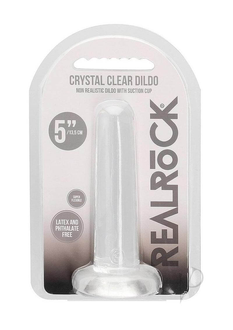 RealRock Crystal Clear Non Realistic Dildo with Suction Cup 5.3 inch in packaging, showcasing its clear design and dimensions.