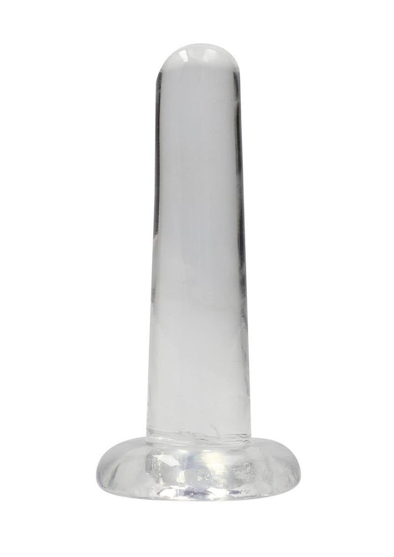 RealRock Crystal Clear Non Realistic Dildo with Suction Cup 5.3 inch on a white background.